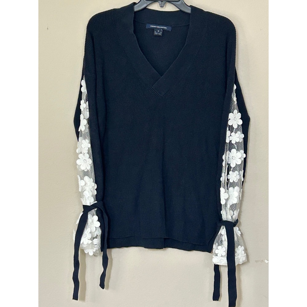 French Connection Black Ribbed V-Neck Sweater Floral Lace Tie Sleeve Small